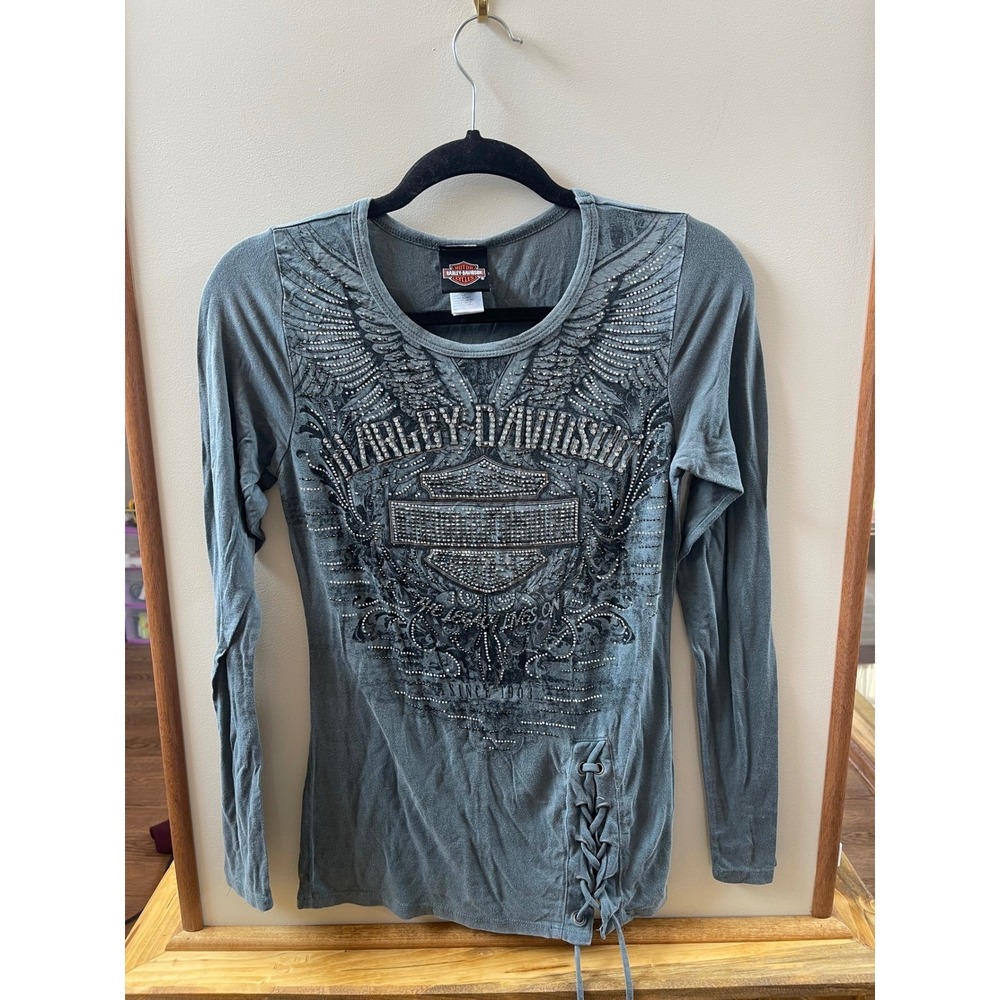 Harley-Davidson Womens Rhinestone Wing Graphic Lace Up Long Sleeve Top XS Grey